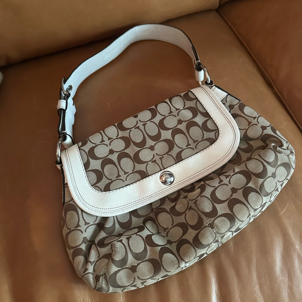 Coach Brown and White Signature Shoulder Bag with Adjustable Strap